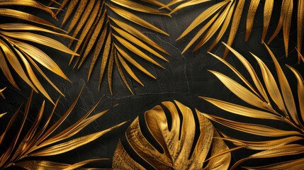 Stylish black and gold wallpaper with tropical palm leaves. Ideal for interior design projects