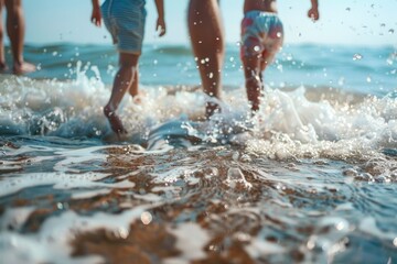 A group of people walking out of the ocean. Suitable for travel and beach-themed concepts