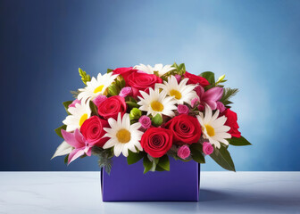 Rose flowers and white chrysanthemums in a bouquet in gift wrapping on the table. Gift, congratulations
