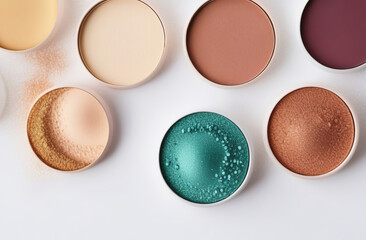 Fototapeta premium Eyeshadows set top view. Colorful eyeshadow texture swipe on a white. Cosmetic product swatch. Crushed eye shadows palette. Shiny and matte eye shadow smears. Girly concept. Beauty brand. Fashion blog