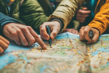 A diverse group of people studying a map for directions. Ideal for travel and teamwork concepts