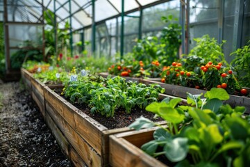 Fototapeta na wymiar High Bed in Garden. Greenhouse Raised Bed with Vegetables outdoors. Modern growing and Gardening