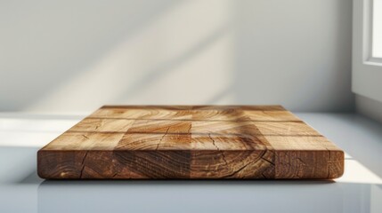 A wooden cutting board placed on a table, perfect for kitchen designs