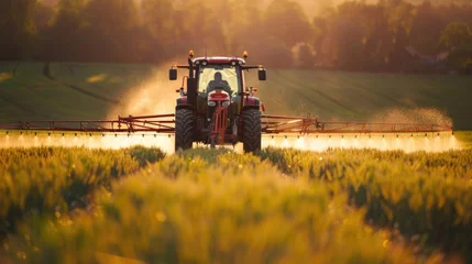 Foto op Canvas Agricultural tractor spraying field with sprayer, ideal for farming concepts © Fotograf