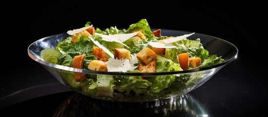 Fresh Caesar Salad Served in a Glass Bowl on a Sleek Black Surface