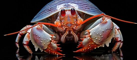 Hermit crab exploring the underwater world with its head immersed in the clear blue water