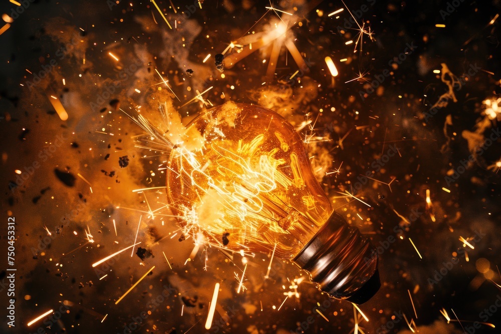 Poster a close up of a light bulb with sparks coming out of it. perfect for illustrating creativity and inn