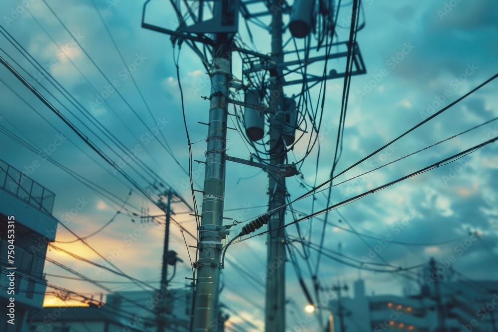 Poster Image of a telephone pole with numerous wires. Suitable for technology and infrastructure concepts