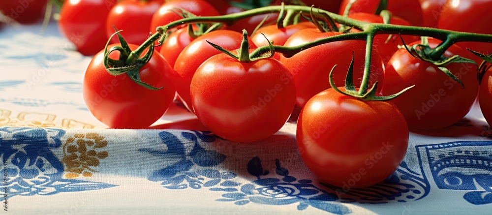 Aufkleber freshly picked cherry tomatoes arranged neatly on a rustic tablecloth