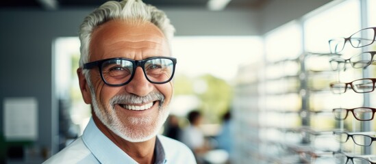 Elderly man with glasses receiving vision care at a modern optometry clinic