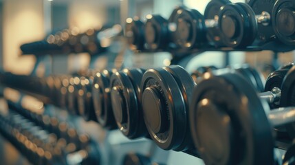 A row of dumbbells in a gym, suitable for fitness and health concepts