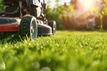 Lawn mower cutting green grass in backyard, mowing lawn  - obrazy, fototapety, plakaty