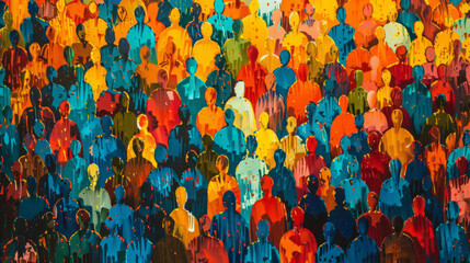 A vibrant, densely packed abstract painting of a crowd of people in a multitude of colors resembling a busy urban environment with a sense of movement and diversity. - obrazy, fototapety, plakaty