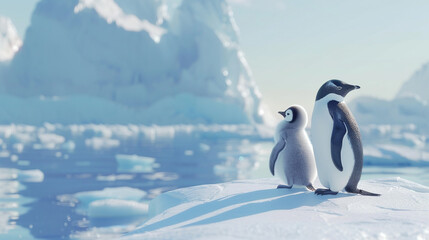 Obraz premium A family of penguins huddled together on an Antarctic ice shelf, enduring the cold winds.