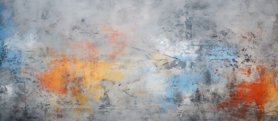 Vibrant Abstract Artwork Featuring Dynamic Orange and Blue Paint on Textured Concrete Wall