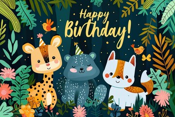adorable hand drwan animals theme birthday party for kids vector, with text "Happy Birthday!" 