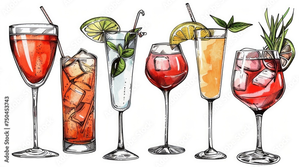 Poster Four different types of drinks displayed on a table, suitable for beverage concepts