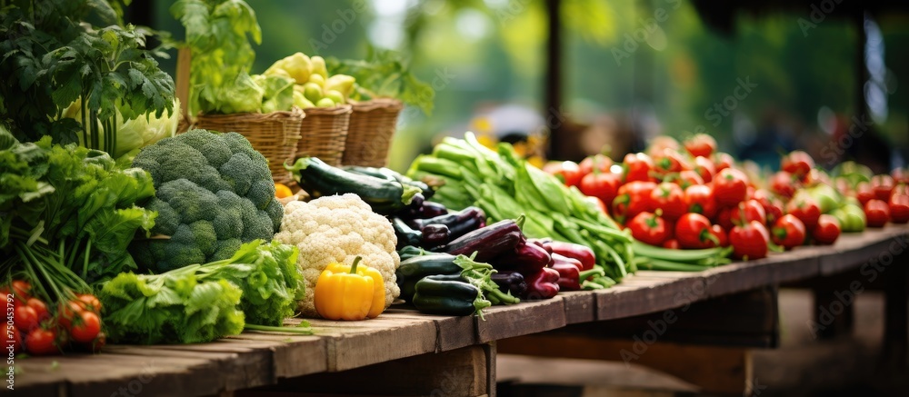 Sticker Fresh Harvest: Colorful Organic Vegetables Displayed on Rustic Market Table