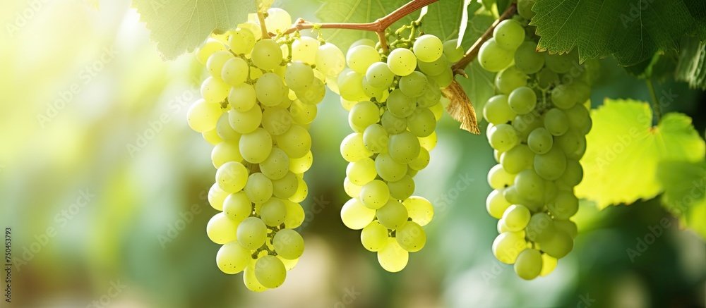 Poster Lush Cluster of Grapes Dangling from Vines in a Vibrant Vineyard Setting