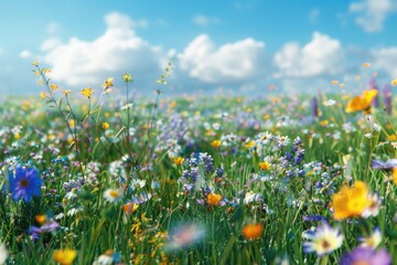 Beautiful field of flowers with clear blue sky background. Ideal for nature and outdoor concepts