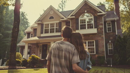 A young couple buying a house, and starting a new chapter in their lives, with a house in the background