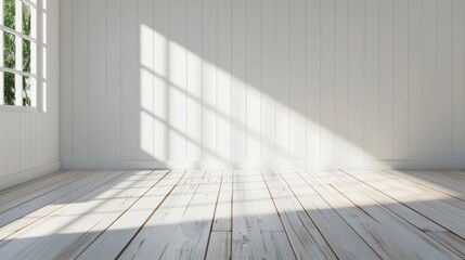 A simple white room with a window and wooden floor. Suitable for interior design concepts
