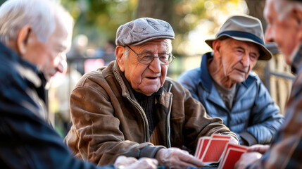 A group of senior citizens playing cards at a community center with a park in the background