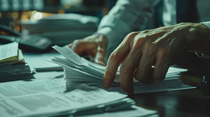 Close-up image of hands sorting through a stack of papers on a desk in a dimly lit office environment. - obrazy, fototapety, plakaty