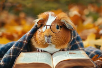 Cute guinea pig wearing glasses reading a book, perfect for educational designs