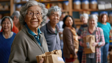 A group of senior donating to charity, with a community center in the background. - obrazy, fototapety, plakaty