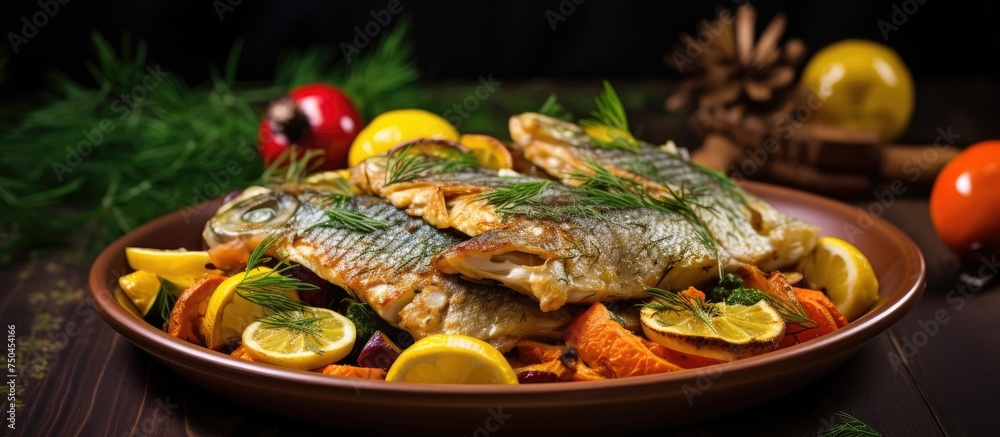 Poster exquisite fried carp slices with fresh herbs and colorful vegetables on a platter