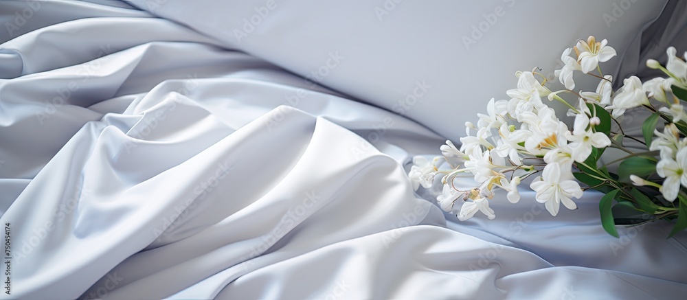 Poster delicate white flower resting on soft bed sheet with copy space