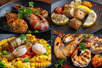 Delicious grilled shrimp and assorted vegetables on a plate. Perfect for food and cooking concepts