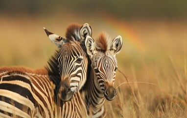 Naklejka premium A Zebra Foal Snuggles Beside an Adult Amidst Golden Light
