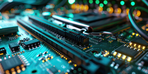 Fototapeta premium Detailed close up of a computer motherboard. Suitable for technology concepts
