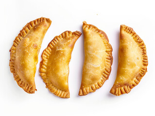 Fototapeta premium Empanadas arranged in a row, top-down view isolated on white background. Latin American food concept. Design for culinary websites and menu illustrations
