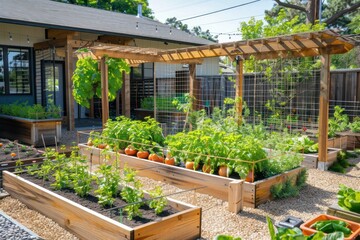 Raised Garden Bed with Trellis and Roof Overhang. Home Growing Tomatoes, Vegetables, Herbs in Raised beds. Fresh Organic Food 