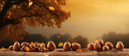 Assorted Nuts Arranged on Wooden Table, a Rich Harvest Display of Autumn Flavors - obrazy, fototapety, plakaty