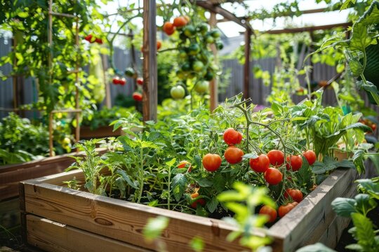 Raised Garden Bed with Trellis and Roof Overhang. Home Growing Tomatoes, Vegetables, Herbs in Raised beds. Fresh Organic Food 