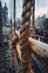 Obraz premium Detailed view of a rope on a boat. Suitable for nautical themes