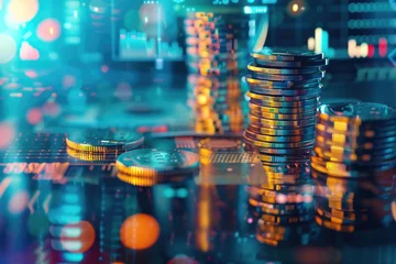 Foto op Plexiglas A pile of coins on a table, suitable for financial concepts © Fotograf