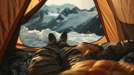 Traveler lying down in the tent with white view from