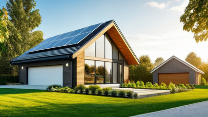 3d rendering of modern cozy house with solar panels on roof.