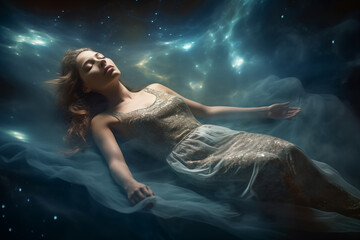 Serene woman appears to float amidst a mystical cosmic backdrop, evoking tranquility and wonder