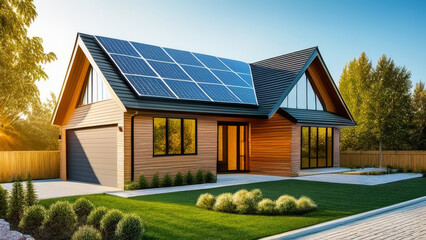 3d rendering of modern cozy house with solar panels on roof. - obrazy, fototapety, plakaty