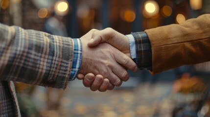 Close-up image capturing a firm handshake between two individuals, denoting a business agreement or friendly introduction, set against a softly blurred background with warm, ambient hues. - obrazy, fototapety, plakaty