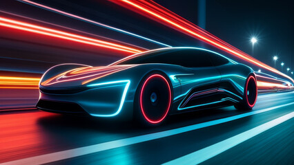 Futuristic car with neon lights on the road. 3d rendering