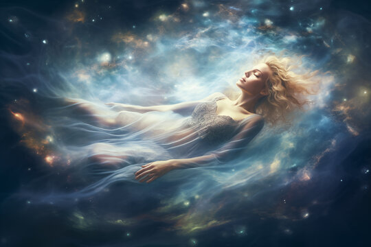 Artistic depiction of a serene woman enveloped in a celestial galaxy setting, evoking tranquility
