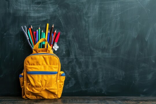 School bag. Backpack with supplies for school on the background of black blackboard. Copy space for text 