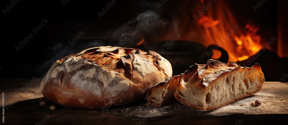 Poster rustic artisan bread loaf resting on a wooden table in warm ambient light